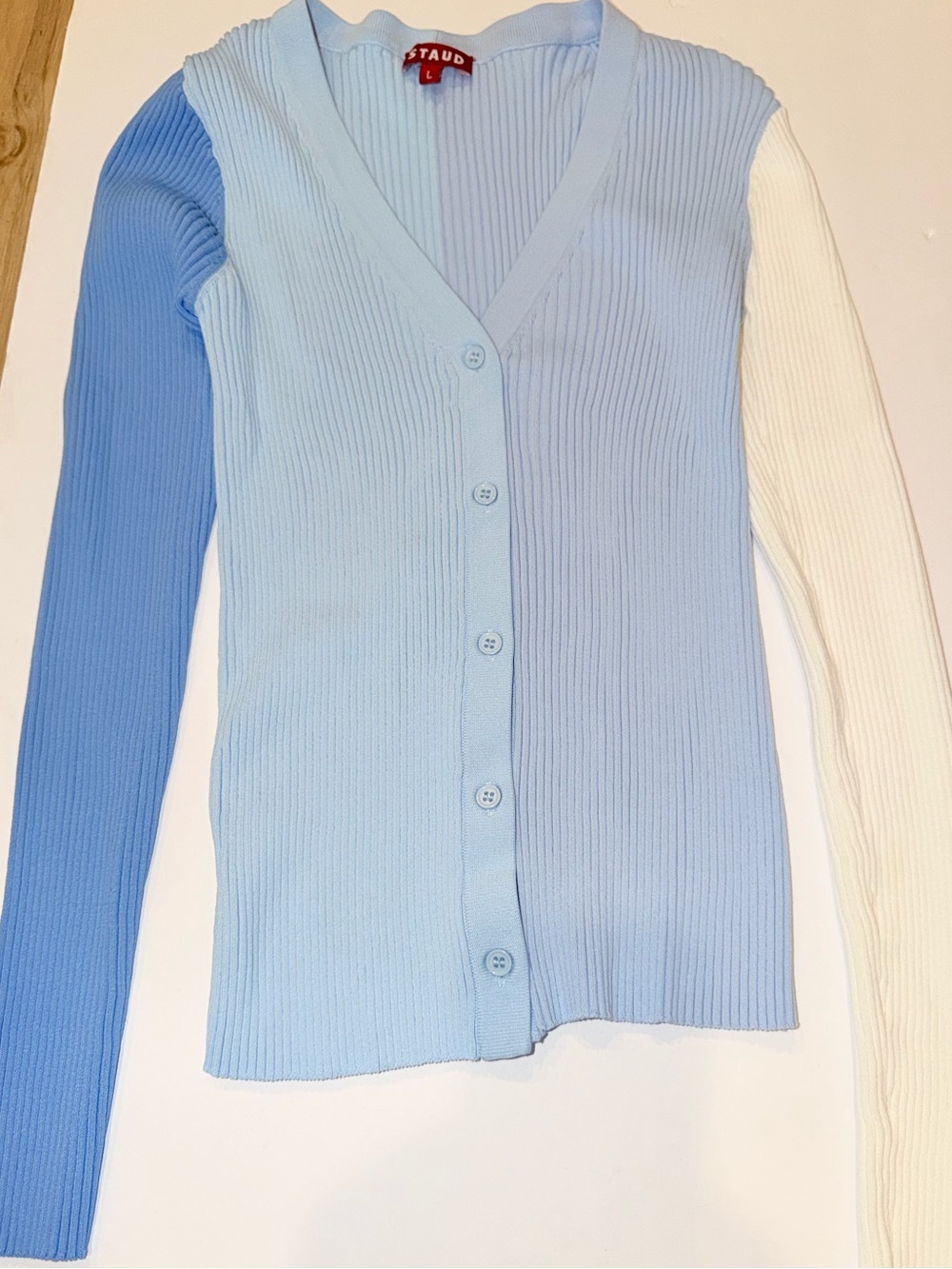 STAUD Cargo Three-Tone Ribbed V-Neck Cardigan - Light Blue/Blue/White, Sz L
